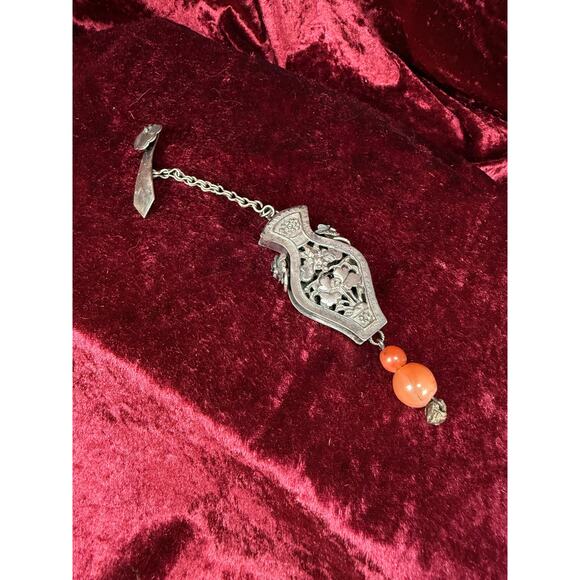 The Cat Vintage Jewelry - Antique Silver Needle Case Pendant Chatelaine Carnelian Bead Late Qing Dynasty
